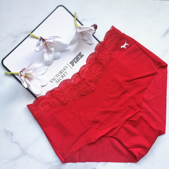 NWT PINK VICTORIA'S SECRET LACE WAISTBAND NO-SHOW BOYSHORT PANTY IN RED PEPPER M - Picture 1 of 6